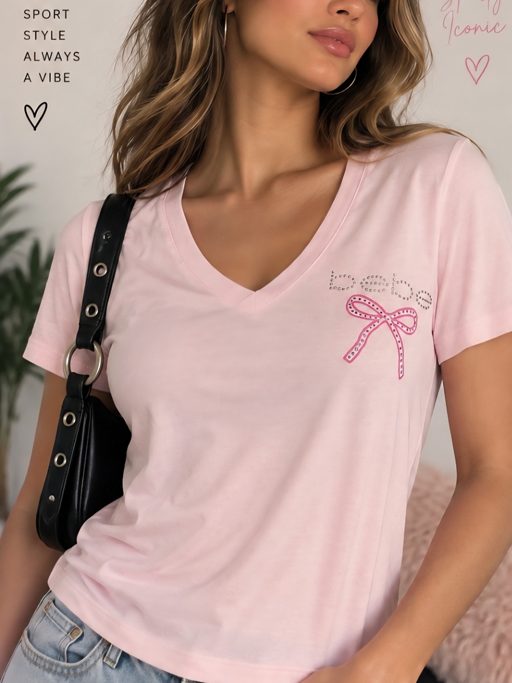 NWT Y2K Bebe Sport Pink Rhinestone Bow V-Neck Tee M